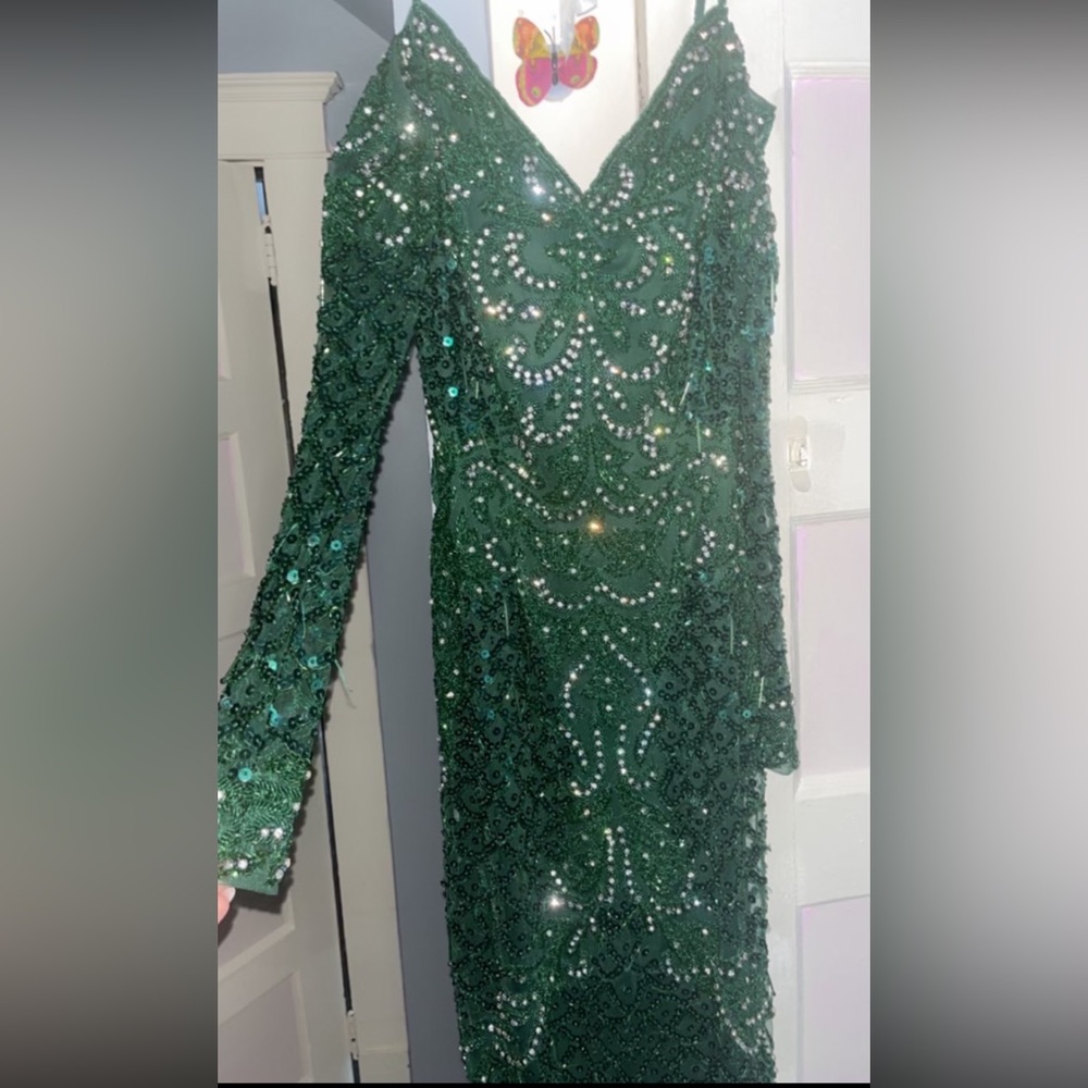Custom Made off the shoulder Emerald Green Gown. All hand sewn beads and sequins